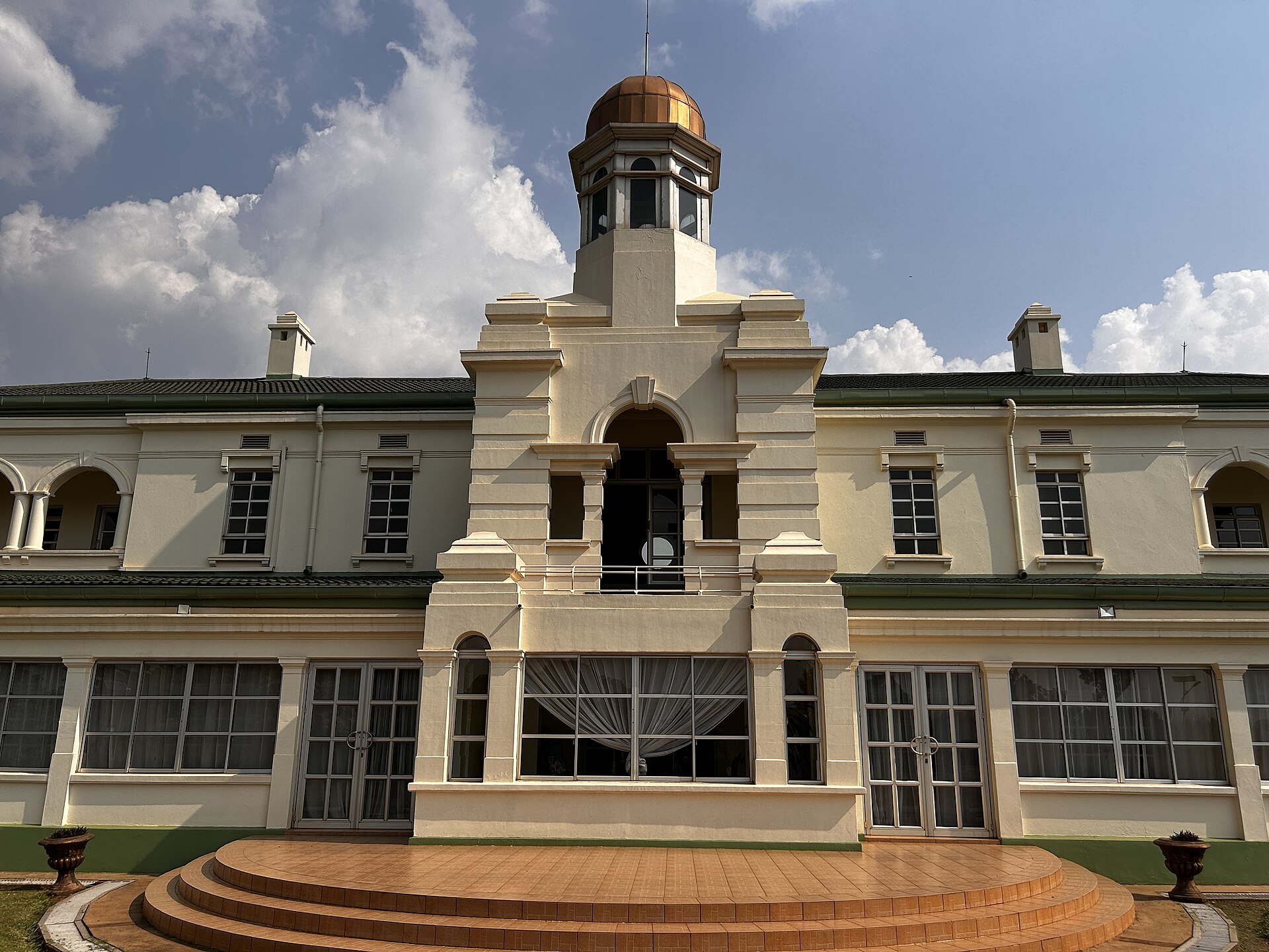 The two-storey facade and central dome of the Twekobe, the Kabaka's residence inside the Lubiri palace compound.